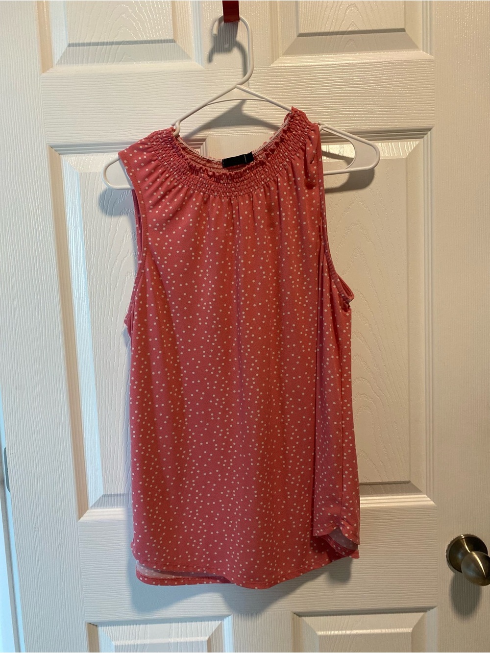 Source Unknown Coral Pink Polka Dot Sleeveless Smocked Neck Tunic